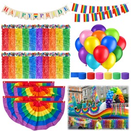 Crowye 122 Pcs Pride Rainbow Parade Float Decoration Kit with Rainbow Metallic Foil Fringe Curtains Tinsel Garland Crepe Paper Streamers Balloons Fan Flag Banner for Trailer Car Pride Decor Supply