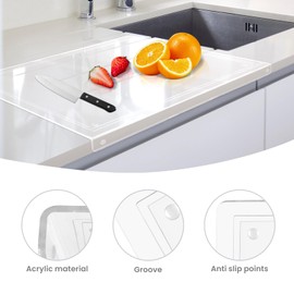 Daily Treasures 17"x13" Acrylic Cutting Board with Juice Groove, 5MM Thicker Clear Cutting Boards with Counter Lip, 12 Non-Slip Pads, Large Clear Chopping Boards for Kitchen Countertop Restaurant