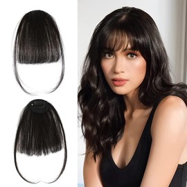 2 Piezas Extensión de Flequillo,Fleco Postizo Cabello Natural, Flequillo de Cabello Humano con Clip para Mujer, Pelo Simulado de Alta Calidad, Más Flequillo y Patillas Más Tupidos (Negro)