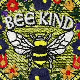 BEE Kind Patch | Bees Iron-on Patch for All Fabrics & Backpacks | Flower Sticker for Clothing and Jeans | bee Queen Badge Hippie Accessory Emblem | 70x70 mm