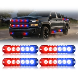 Nrgedzam 4PCS Red Blue Strobe Lights, Sync Feature Surface Mount Strobe Warning Emergency Flashing Light for Truck Car Vehicle 6 LED Grill Caution Safety Lights for Trucks Police Fire EMS ATV UTV RV
