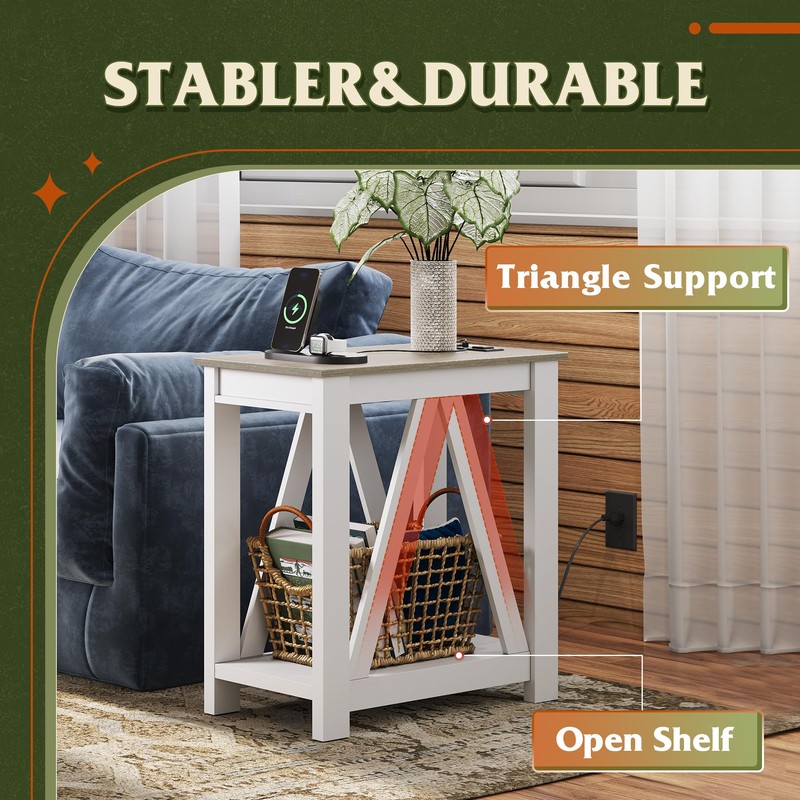 WLIVE Farmhouse End Table, Narrow Side Table with Charging Station,