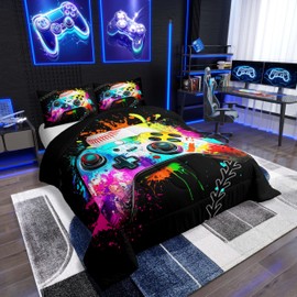 Gamer Comforter Set for Boys and Girls - Baseball Twin Bedding Set, Game Consoles Rainbow Tie Dye Twin Comforter, Gaming Decor for Bedroom, Gamer Gifts