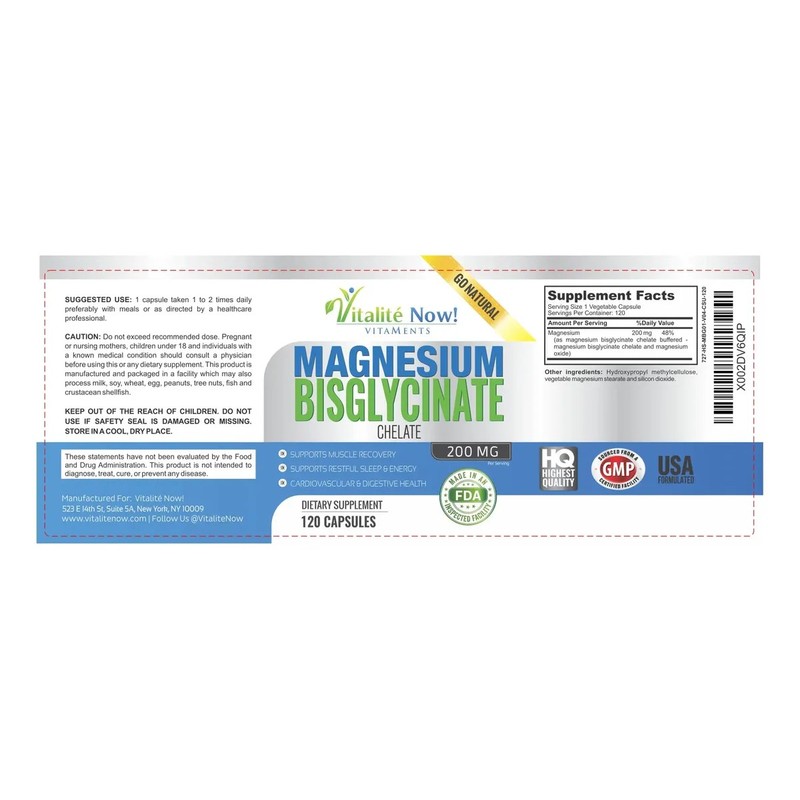 Bisglicinato De Magnesio 200 Mg 100 Quelado Máxima Absorc