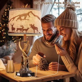 BOWOBO Antler Table Lamps Set of 2 for Bedroom, Farmhouse Rustic Antler Deer Bedside Lamps with USB A+C Ports for Living Room End Table Hunting Themed Cabin Lamp Pull Chain Linen