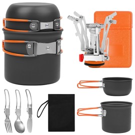 BILIPLE Camping Crockery Set 8-Piece Outdoor Cookware with Mini Gas Cooker Cutlery Cookware for 1-2 People Portable Foldable Aluminium Pots for Picnic Hiking