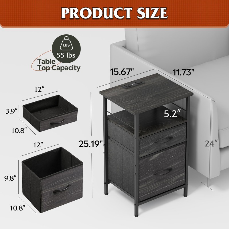 WLIVE Night Stand Set 2, Black Nightstand with Charging Station,