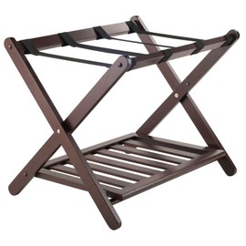TREATLIFE HOME Convenient and Sturdy Luggage Rack with Lower Shelf for Guestrooms, Solid Wood, Compact Design, Cappuccino Finish
