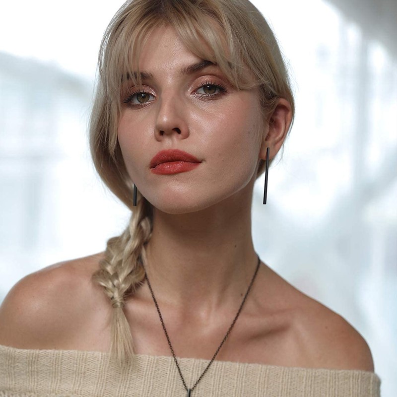 Black Bar Earrings for Women, Thin Flat Geometric Stick Drop