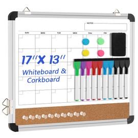 VUSIGN Dry Erase Calendar Whiteboard for Wall, 17'' x13'' Magnetic Whiteboard Cork Board Combo, Small Monthly White Board with Marker, Eraser & Push Pins in Home Office Kitchen School Planner