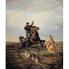 WONDERFULITEMS Russian Hunter on Horseback with Borzoi Dogs Jumping a Fence Painting by Rudolf Frentz 11" x 14" image size art repro on matte paper