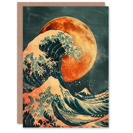 Artery8 Orange Moon Traditional Japanese Waves Artwork Greeting Birthday Card Him Her All Blank
