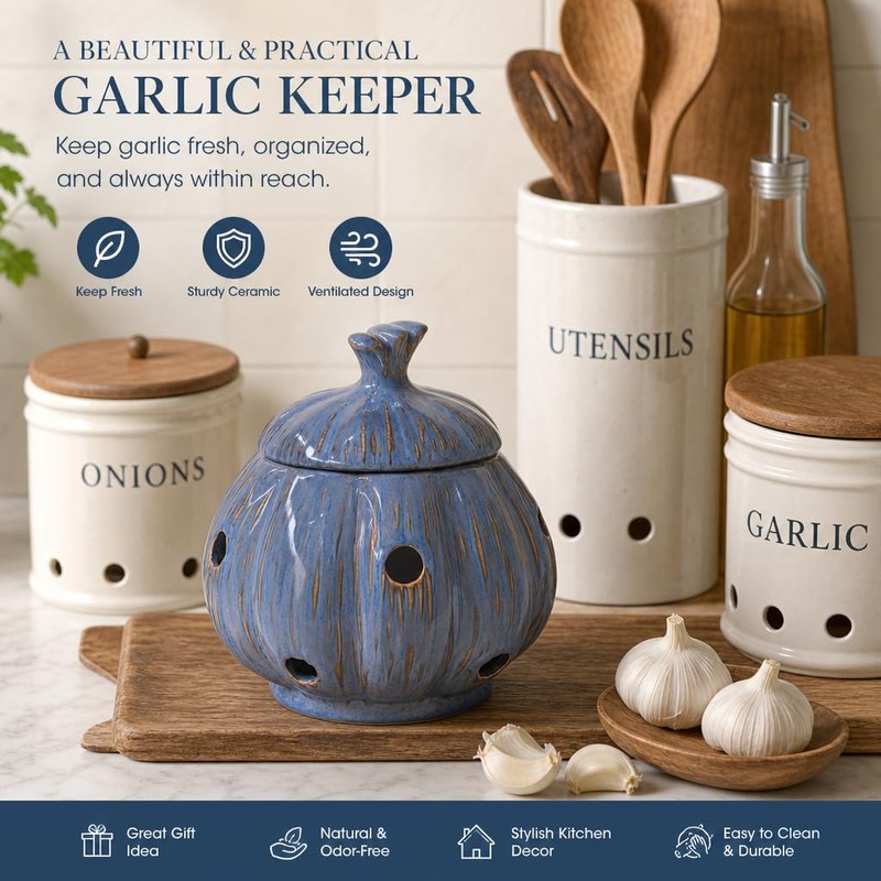 Ceramic Garlic Keeper Storage Holder Jar with Lid, Kitchen Countertop