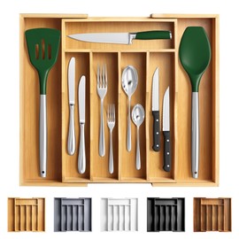 oridom Kitchen Silverware Drawer Organizer and Storage Bamboo Wood Cooking Utensil Holder Cutlery Knife Jewelry Spice Rack Spoon Fork Multi Cabinet Organization Bathroom Counter Expandable White