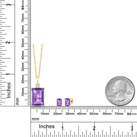 18K Yellow Gold Plated Silver Purple Amethyst and White Moissanite Pendant Necklace Earrings Set For Women (7.39 Cttw, Gemstone February Birthstone, Emerald Cut 14X10MM and 6X4MM, with 18 Inch Chain)