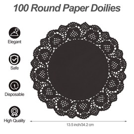 MCEAST 100 Pack Round Black Paper Doilies 13.5 Inches Lace Paper Place Mats Rustic Scallop Doily Disposable Table Pads for Food Cakes Crafts Party Weddings Tableware Decor