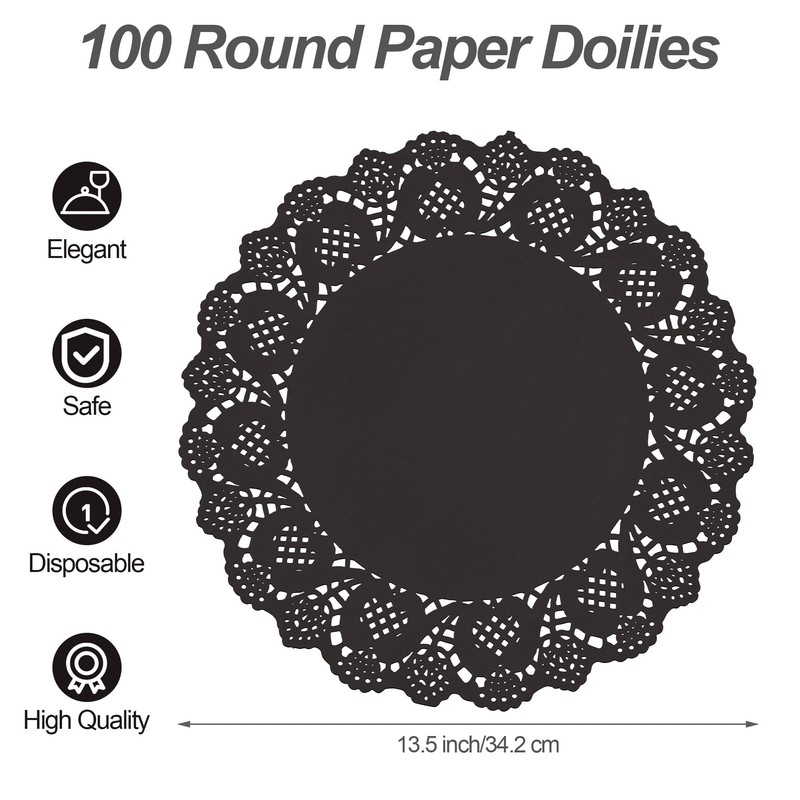 MCEAST 100 Pack Round Black Paper Doilies 13.5 Inches Lace