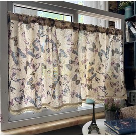 Yaland Linen Look Net Curtain, Bistro Curtain, Country House, Short Kitchen Curtain, Rod Pull Through with Butterfly Pattern, Colourful, Small Window, Pack of 1, H x W 40 x 140 cm