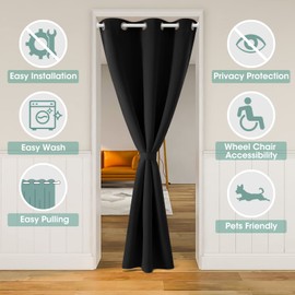 HOMEIDEAS Black Doorway Curtains Privacy, Grommet Closet Curtain for Bedroom, 80 Inches Length Solid Blackout Door Cover Curtains, Tie Back Insulated Window Curtain Drape, 1 Panel