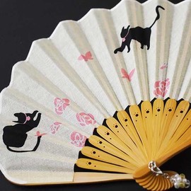 Fashionable kimono Iroha Cat and Butterfly Fan, Women’s Cloth Fan,, yellow