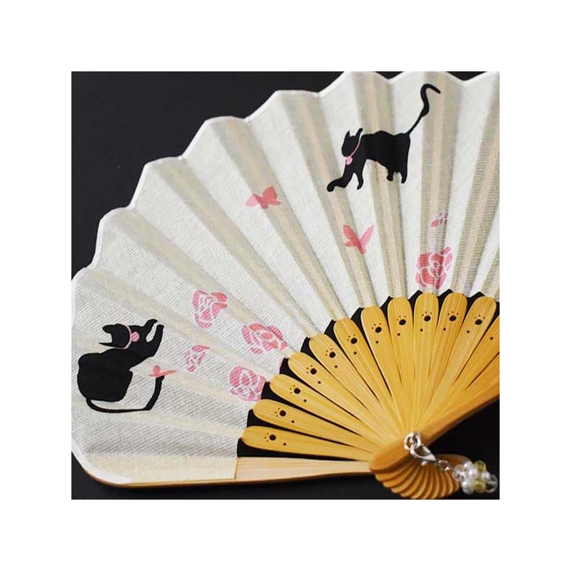 Fashionable kimono Iroha Cat and Butterfly Fan, Women’s Cloth Fan,,