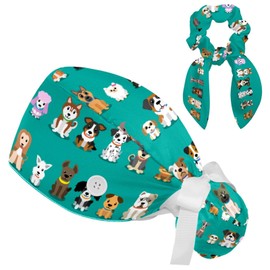 Dogs Animals Green Background Adjustable Scrub Cap Hat with Button, Working Hat Sweatband with Bow Hair Scrunchy for Woman