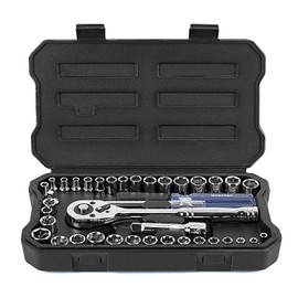 WORKPRO 39-Piece Drive Socket Set 1/4'' & 3/8'', CR-V Metric and SAE Sockets with Quick-Release Ratchet Wrench, Extension Bar, Spinner Handle & Adapter, Compact Mechanics Tool Set for Car Repair