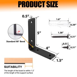 Yoozell Floating L Shelf Brackets, Black Shelf Brackets Heavy Duty with Screws, 90° Angle Metal Shelf Brackets & Supports for Kitchen, Bathroom, Warehouse, 160 lb Load Capacity-(5"x4"-6Pack)