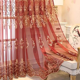 Amidoudou 1 Pair European Jacquard Sheer Curtains for Living Room Bedroom Luxury Embroidered Tulle Curtains (Red,63x96 Inch)