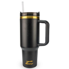 Obiatar 40oz Stainless Steel Travel Tumbler With Gold Accent| Double-Wall Vacumm Insulated Tumbler With Straw, Lid & Handle (Black)