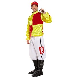 HENBRANDT Adult Men’s Red and Yellow Horse Jockey Outfit with Peaked Hat and Boot Covers Sports Fancy Dress Costume Racing Jockey Dress Up Outfit One Size Mens Fancy Dress Costume