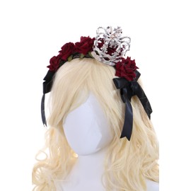 C-104-1 Silver Crown with Roses Red Lace Bow Ruffle Gothic Lolita Headband Party Celebration Hair Accessories Head Accessory