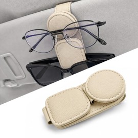 Sunglasses Holder for Car Visor, Double Position Magnetic Auto Sun Visor Glasses Organizer Ticket Card Clip, Universal Leather Vehicle Interior Eyeglass Hanger for Women Men (Beige)