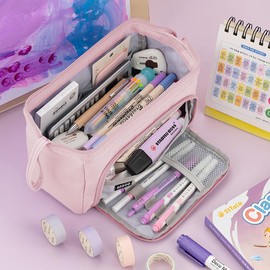 MAMUNU Pencil Case Large Capacity Pencil Case Pens 2 Compartments Pencil Case with Zip for Boys Girls Pencil Case Aesthetic Portable Stationery Pen Bag for School & Office, pink, Plain Portable Pencil