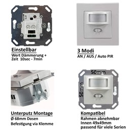 Motion Detector Sensor, Flush-Mounted Installation, LED Suitable, 9 Metre Range, 2-Wire Technology IP20, Switch Replacement