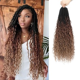 YYQXZG Boho Faux Locs Crochet Hair Goddess Locs Crochet Hair 16 Inch Pre-Looped Boho Soft Locs Crochet Hair with Curly Ends for Black Women (1B/30/27, 16 Inches), Pack of 8