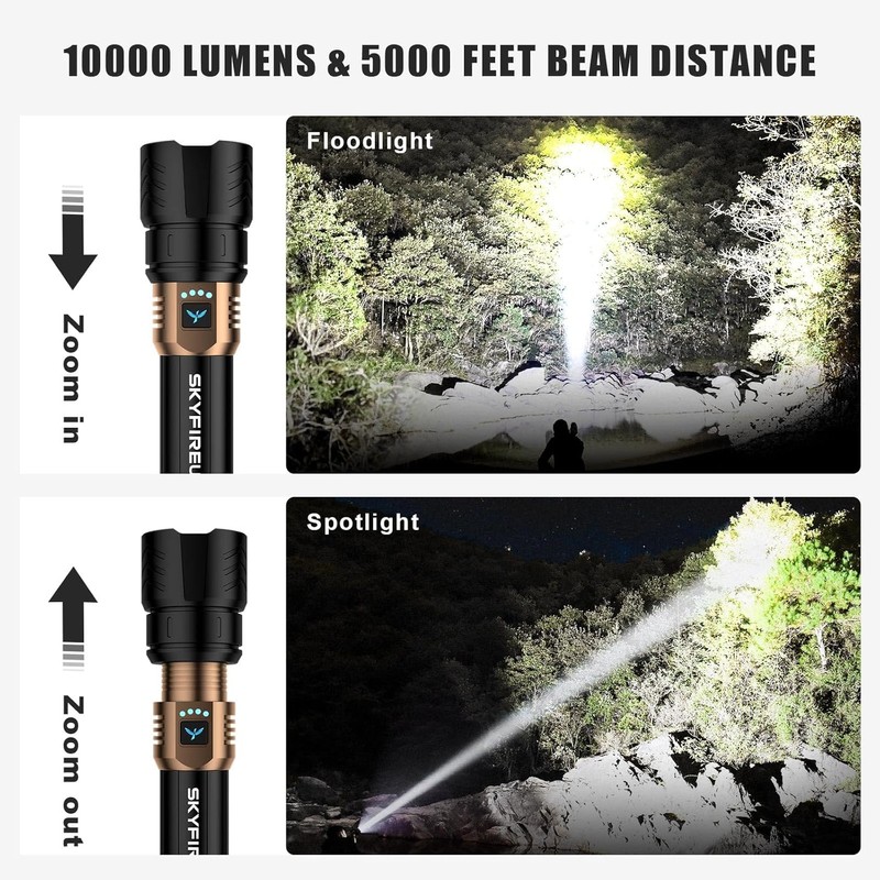 SKYFIRE Rechargeable Flashlight High Lumens,8000mAh Super Bright Flashlight,Zoomable,4 Modes,Waterproof LED