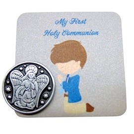 Westmon Works First Communion Token for Boys with Holy Card and Metal Guardian Angel Pocket Trinket Set