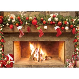 Christmas Fireplace Backdrop 7x5ft – Festive Holiday Mantel Scene with Stockings, Ornaments & Fire – Warm Cozy Xmas Decoration Banner for Winter Party Photo Booth 109