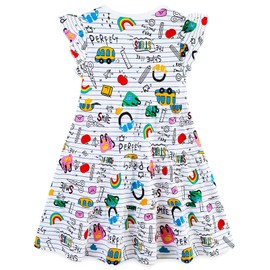Toddler Girl's Back to School Dress Short Sleeve Tiered Cotton Doodle Printed Casual Outfit Apple Pencils Rainbow 4t
