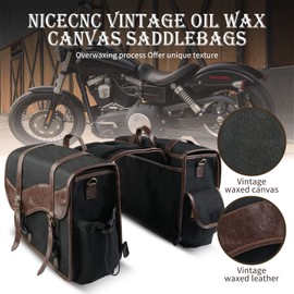 NICECNC Motorcycle Saddle Bags, Vintage Oil Waxed Canvas Saddlebags Motorcycle Panniers Side Throw Over Saddle Bags Compatible with Harley Honda Suzuki Yamaha Adventure Street Glide Brown
