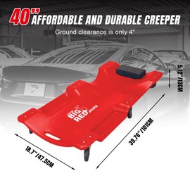 BIG RED TRP6240 Torin Blow Molded Plastic Rolling Garage/Shop Creeper: 40" Mechanic Cart with Padded Headrest, Dual Tool Trays and 6 Casters, Red