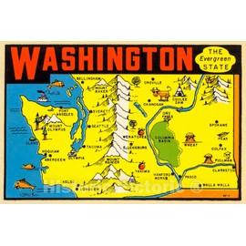 Historic Pictoric Map : Washington : The Evergreen State Vintage Postcard, 1950, Vintage Wall Decor : 24in x 16in