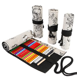 Funny Live 36/48/72 Colored Pencil Wrap Roll Holder Coloring Pencils Organizer Holder Colored Pen Paint Brush Storage Pouch Portable for Artist Student (Black Peony, 72 Slots)