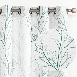 COLLACT Faux Linen Textured Curtains 63 Inch Length for Living Room/Bedroom Green Tree Branch Printed Curtains Farmhouse Light Filtering Drapes Grommet Top Window Treatments, W50 x L63, 2 Panels Green