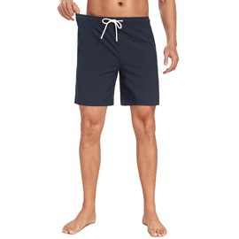 SONGDAI Men's Lining Pocket Swimwear Short Mens Summer Swimming Trunks Fashionable Vacation Beach Board Shorts Four Corner Swim Short-Navy Blue-M