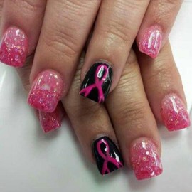 Valentines Press on Nails Short Square French Fake Nails Black & Pink False Nails with Pink Ribbon Designs Winter Charms Pink Glitter Glossy Glue on Nails Xmas Acrylic Nails for Women Girls 24 Pcs