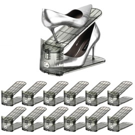beehomay Shoe Slots Organizer,Adjustable Shoe Rack with Three Levels,Shoe stackers for a Pair of Shoes (Grey Clear, 12Pack)