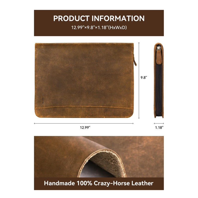 Carpetene Genuine Leather Portfolio, Professional Padfolio Binder Organizer with Zipper,