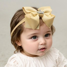 Yheahin Baby Girls Ribbon Bow Elastic Nylon Headband with Crystal Crown Toddler Bow-knot Stretchy Hair Band Birthday Party Hair Bow Accessories for Newborn Infant (Beige 1, Elastic)